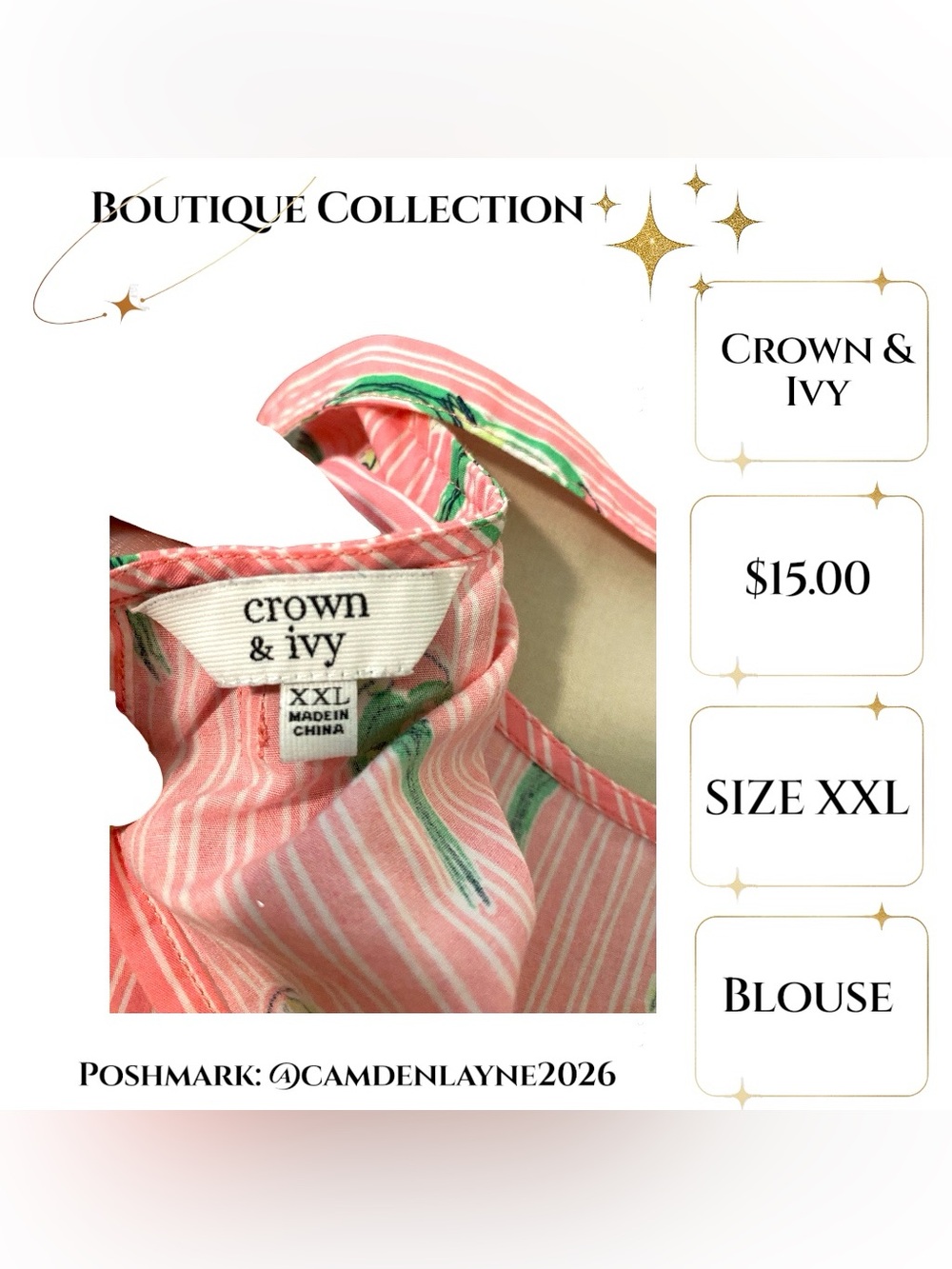 crown & ivy Pink Short Sleeve Peplum Top with Parrot Print. Tie back. - Picture 8 of 8